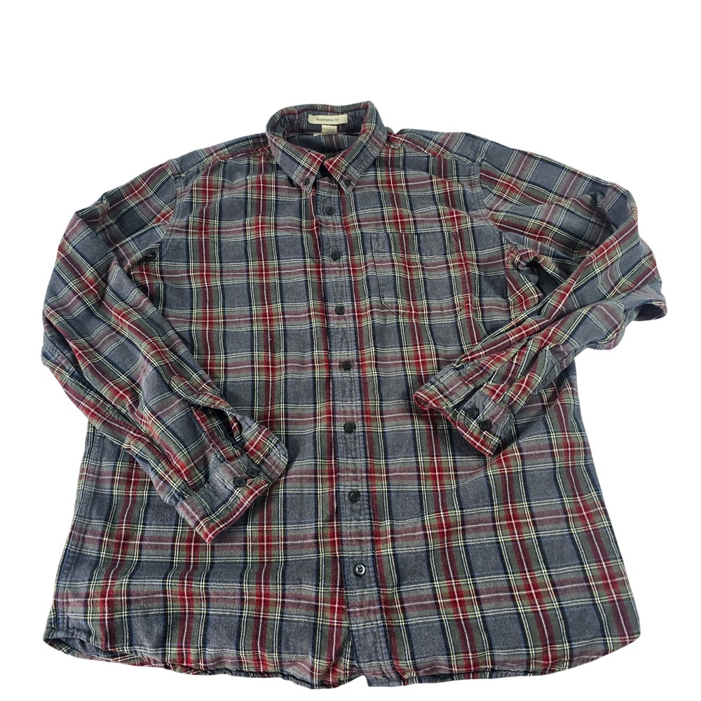 LL Bean‎ Mens Traditional Fit Flannel Plaid Shirt Grey Red L Tall 228066